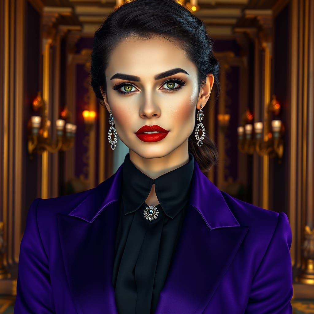Elegant Royal Woman in Majestic Purple Tuxedo