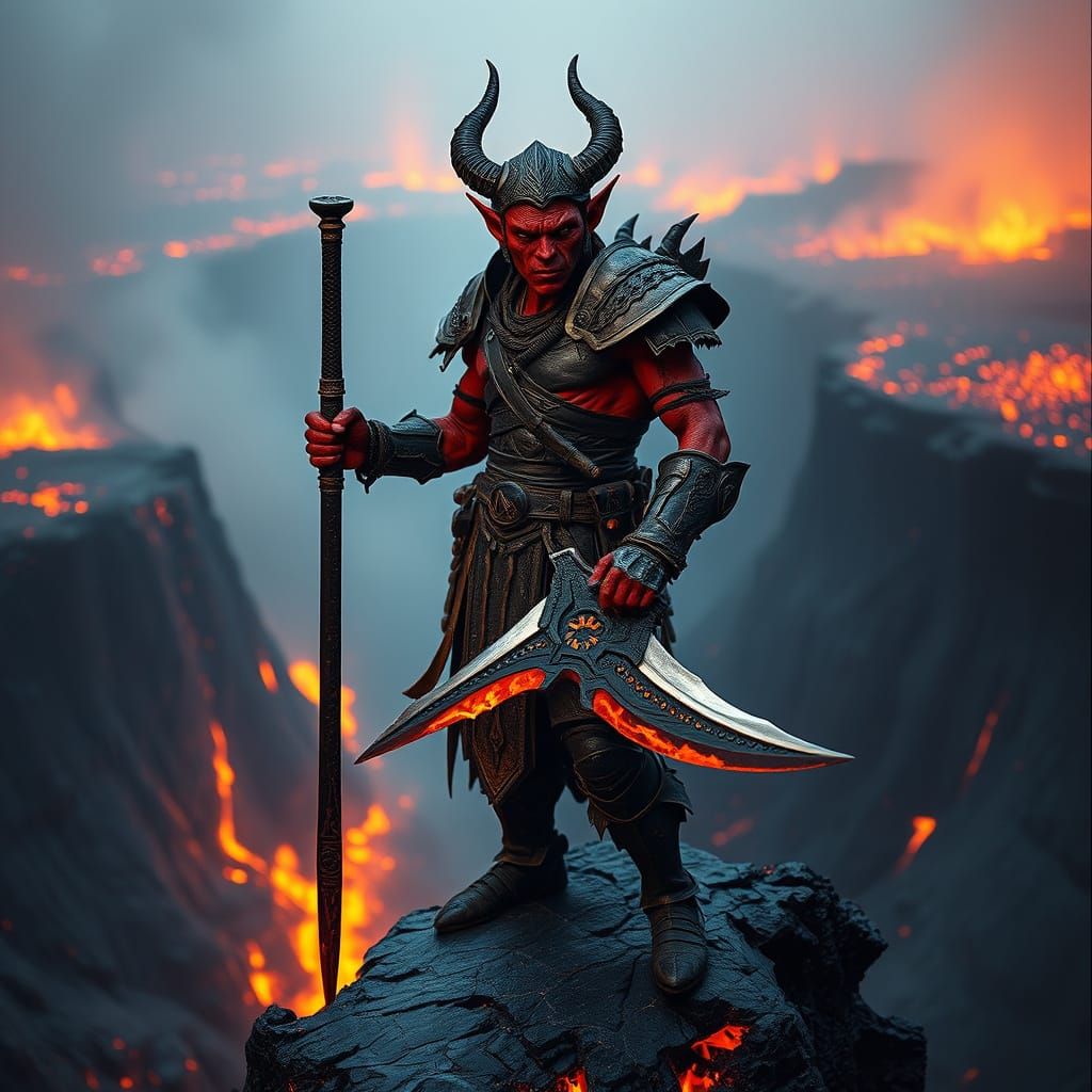 Tiefling Warrior on Volcanic Precipice in Dystopian Style