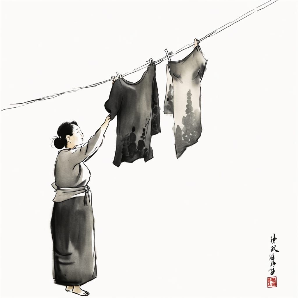 A middle-aged woman hanging clothes on a clothesline.