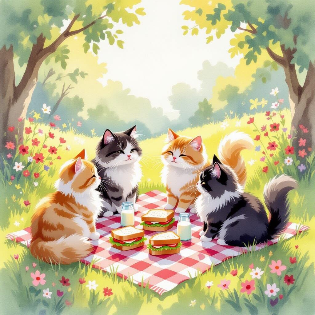 Whimsical Watercolor Cats on Picnic