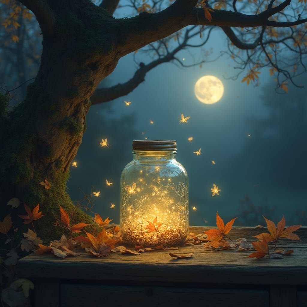 Whimsical Glass Jar in a Moonlit Forest Scene