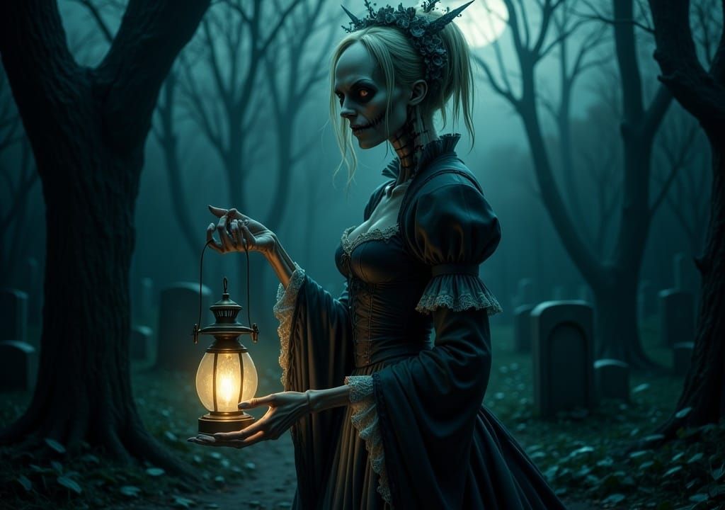 Ethereal Skeleton Girl in Graveyard, Gothic Art