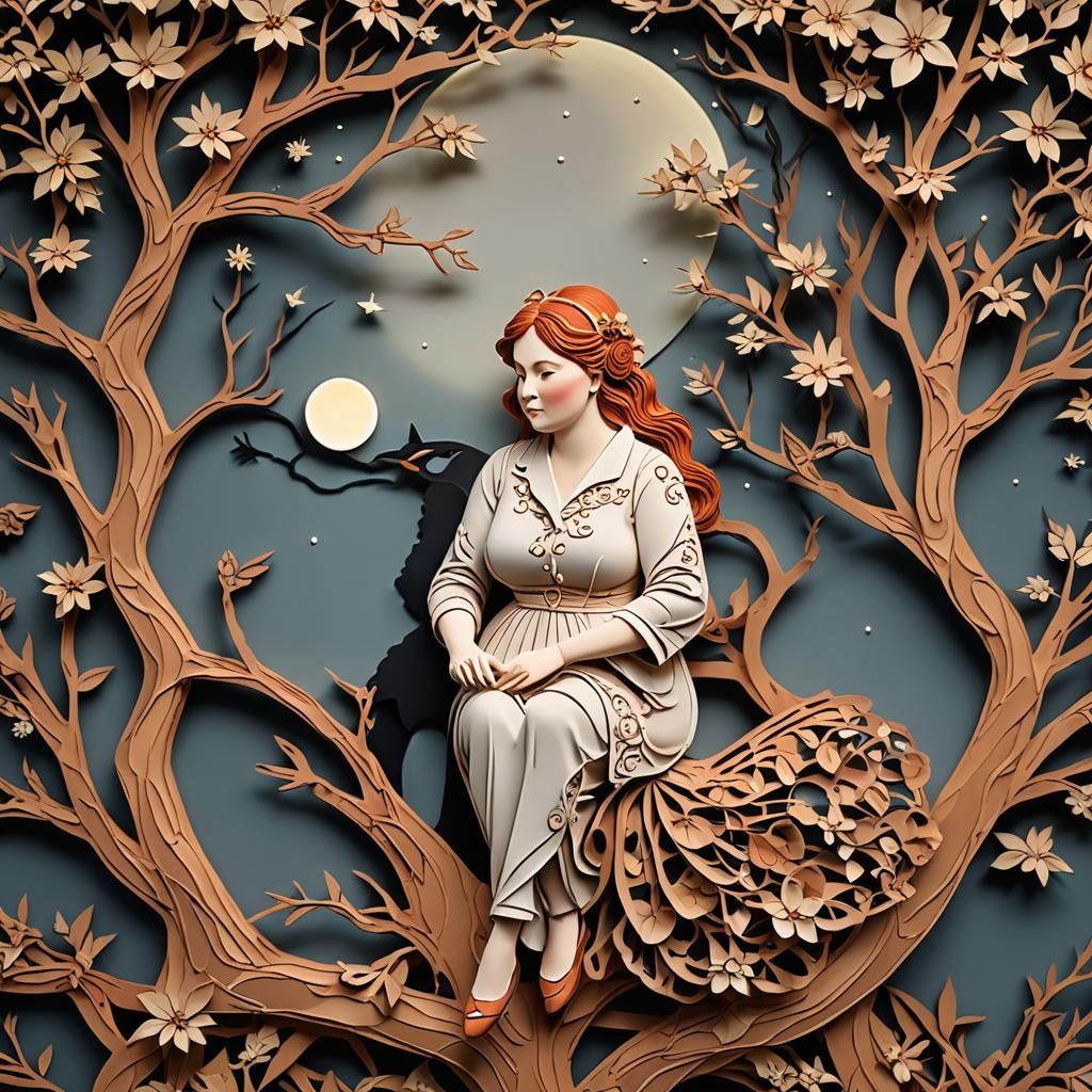 Kirigami Style Redhead Couple Under Moonlight