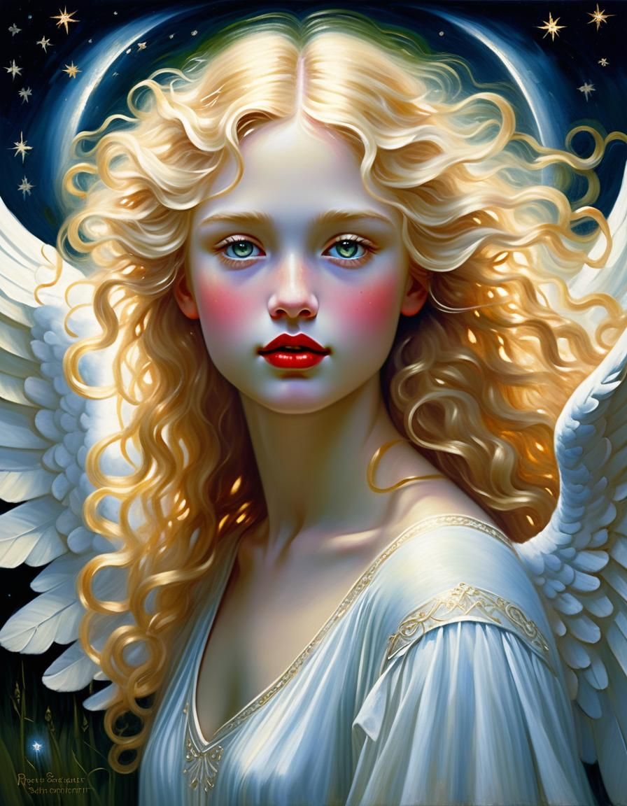 Ethereal Angel Soaring Through Starry Night Sky