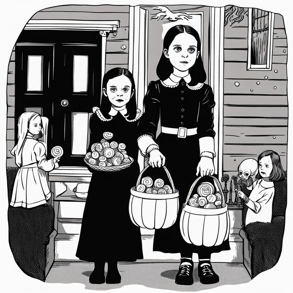Wednesday Addams handing out candy on Halloween Night to tri...