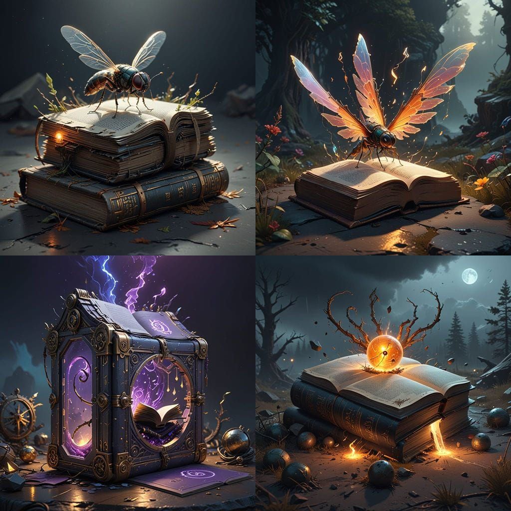 Fantastical Magic Book Unfolds on a Gray Background in Detai...
