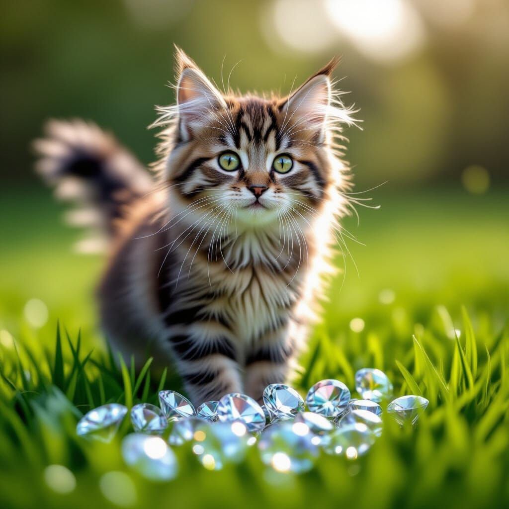 Hyperrealistic Cat on Grass with Sparkling Diamonds