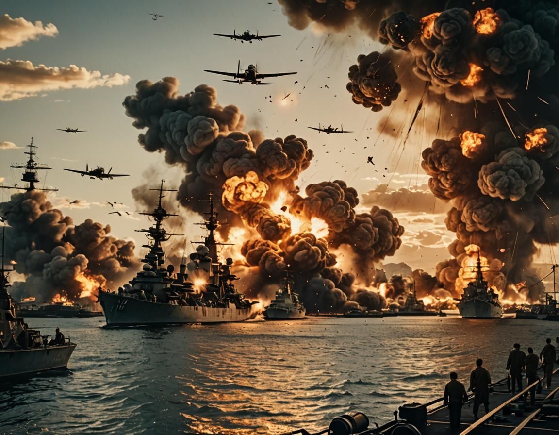 Pearl Harbor Attack: Warplanes and Explosions at Sunset