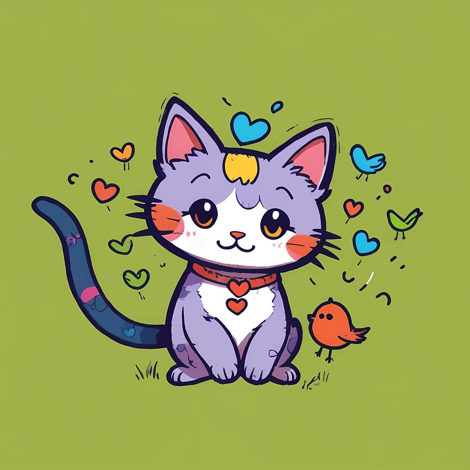 Happy Anime Doodle Ensemble of Cats and Birds