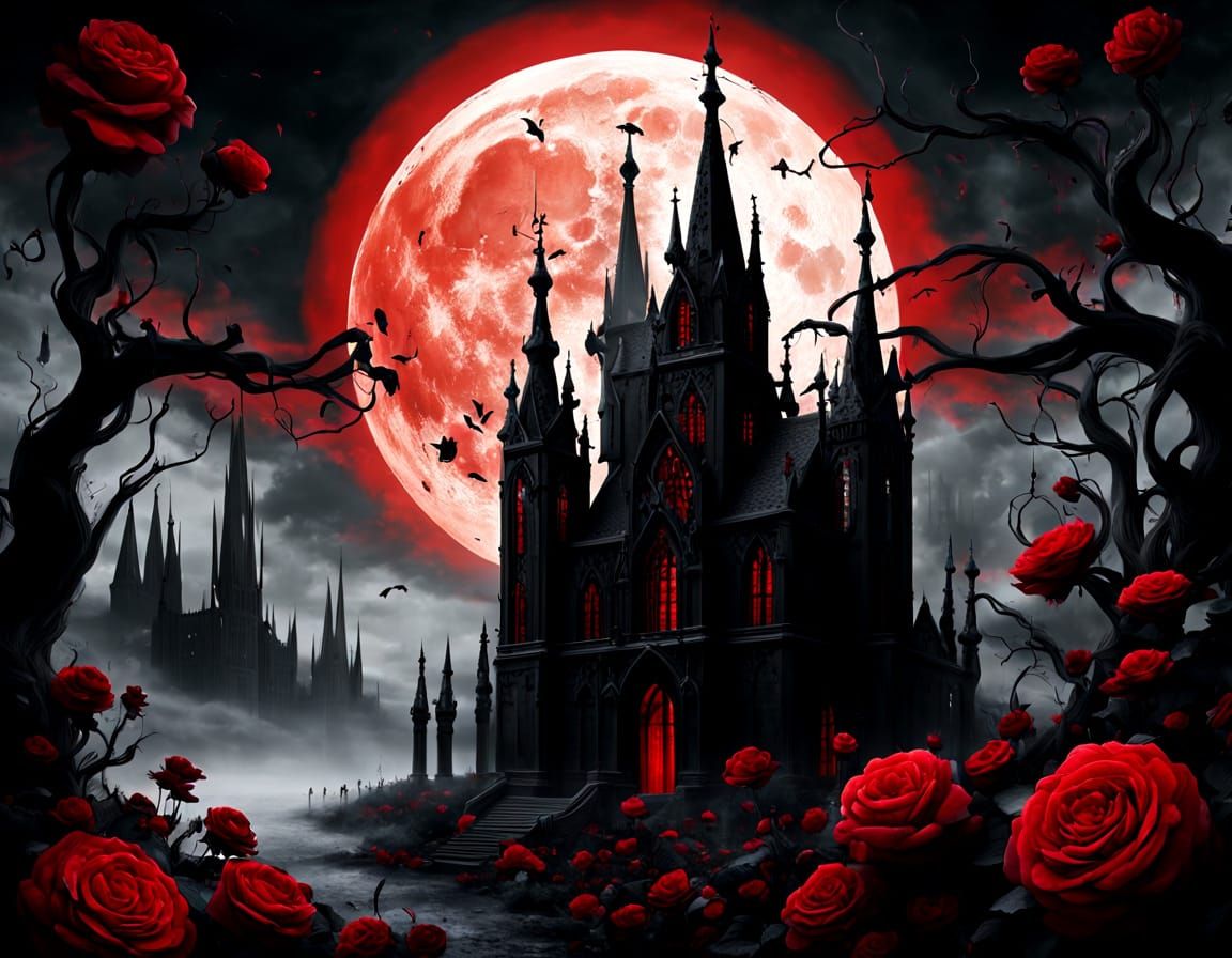 Gothic Dreamscape Black Roses Under Blood Moon