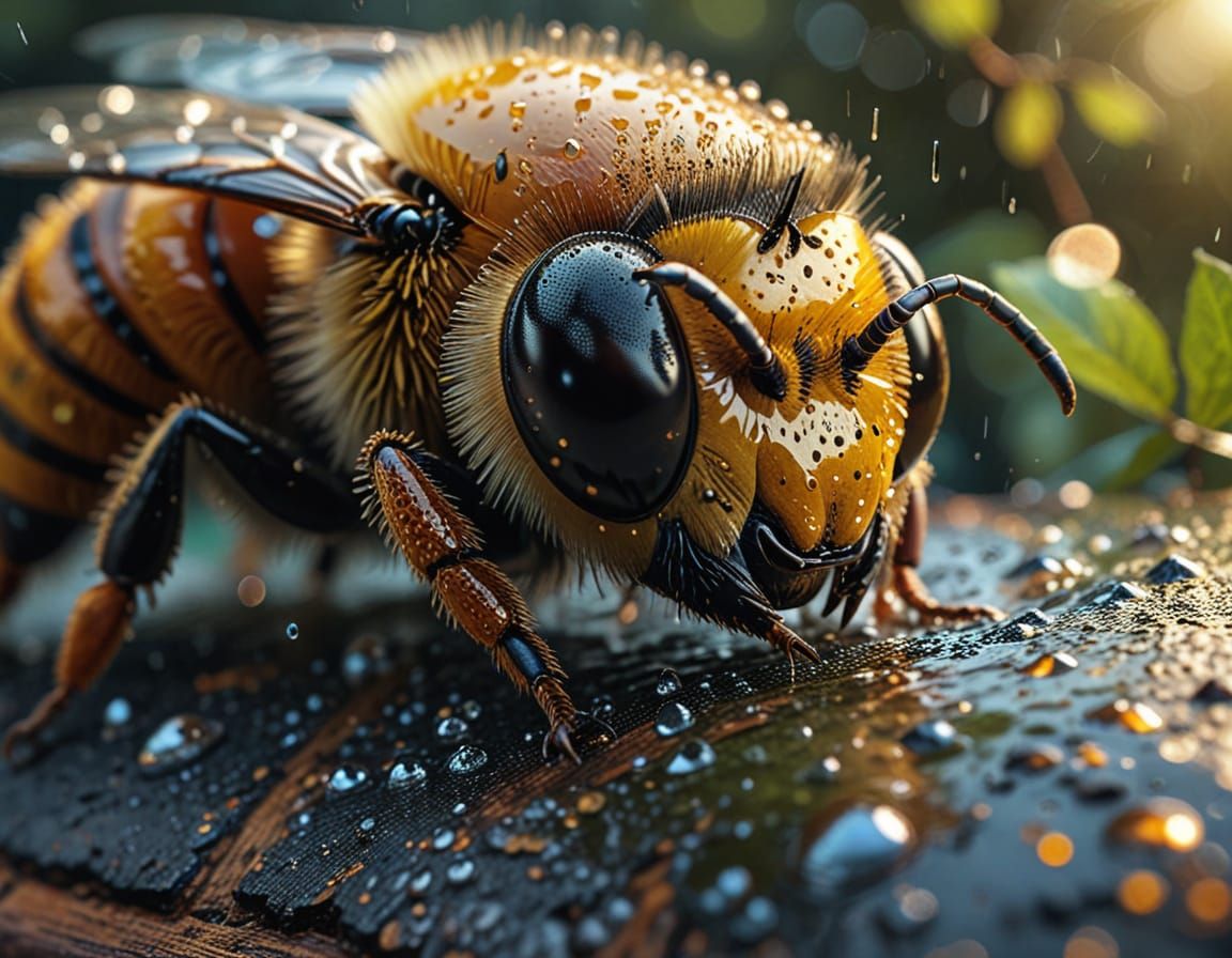 Vibrant Bee Emerges from Weathered Hive in Golden Hour