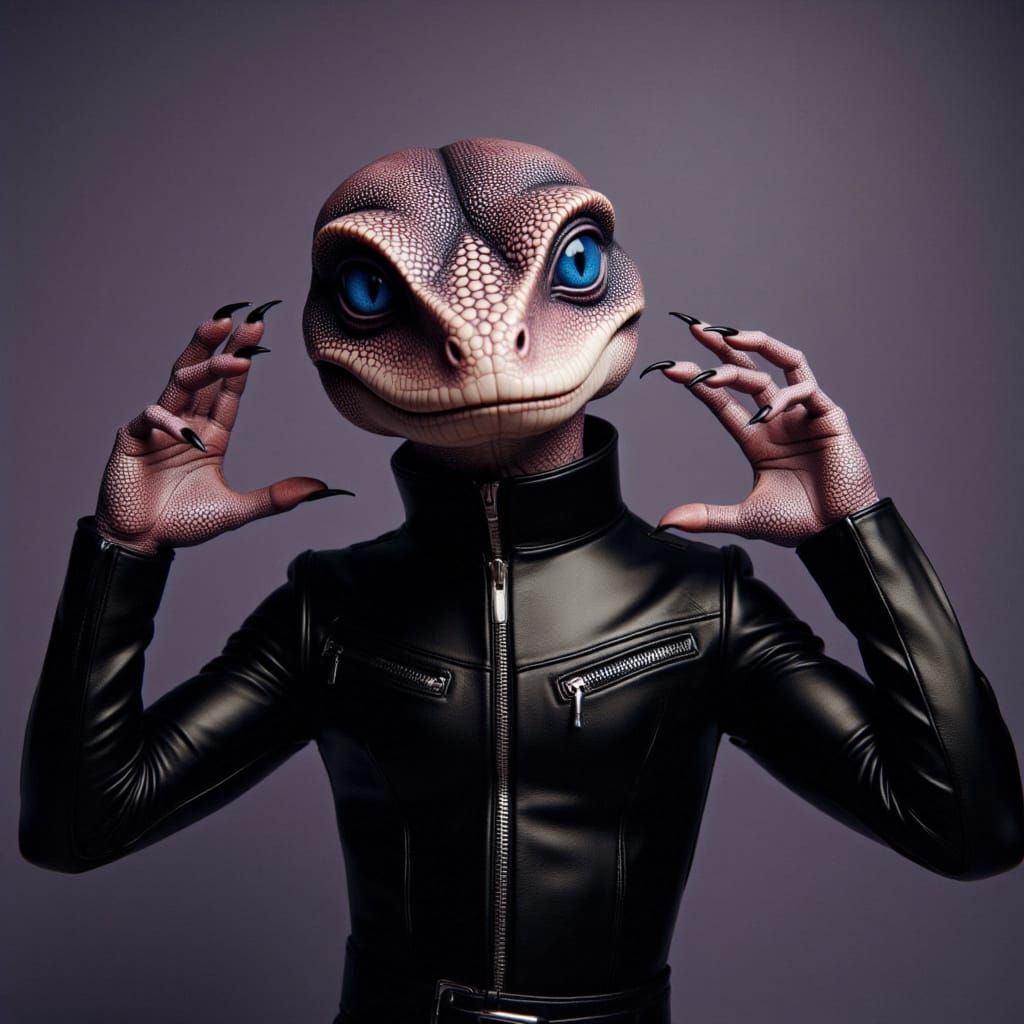 <lora:SRaC:1.0> medium shot portrait, cute male reptilian wearing a leather outfit and posing dramatically, sparkles bac...