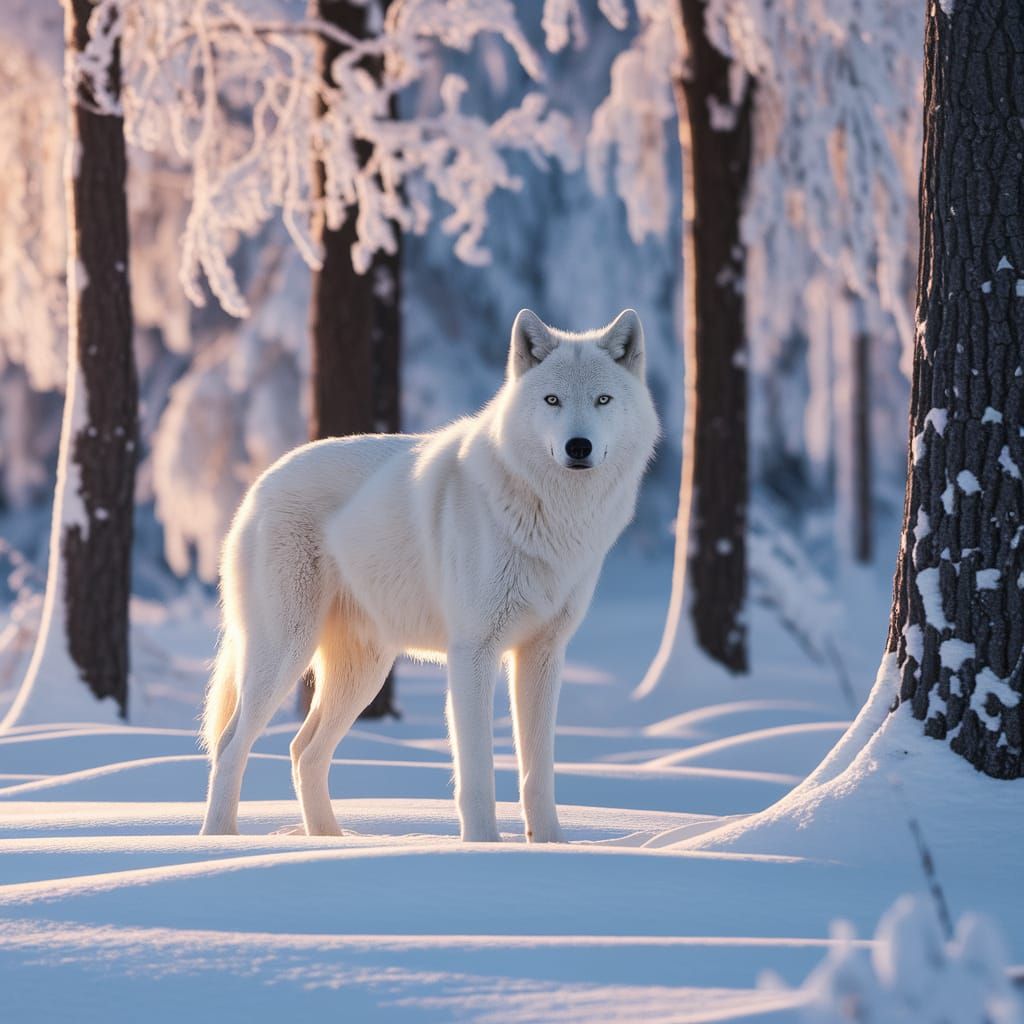Majestic White Wolf in Winter Forest at Sunset