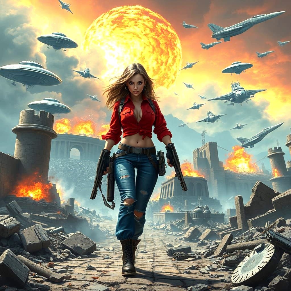 War Battle with Flying Saucer and Walking Woman