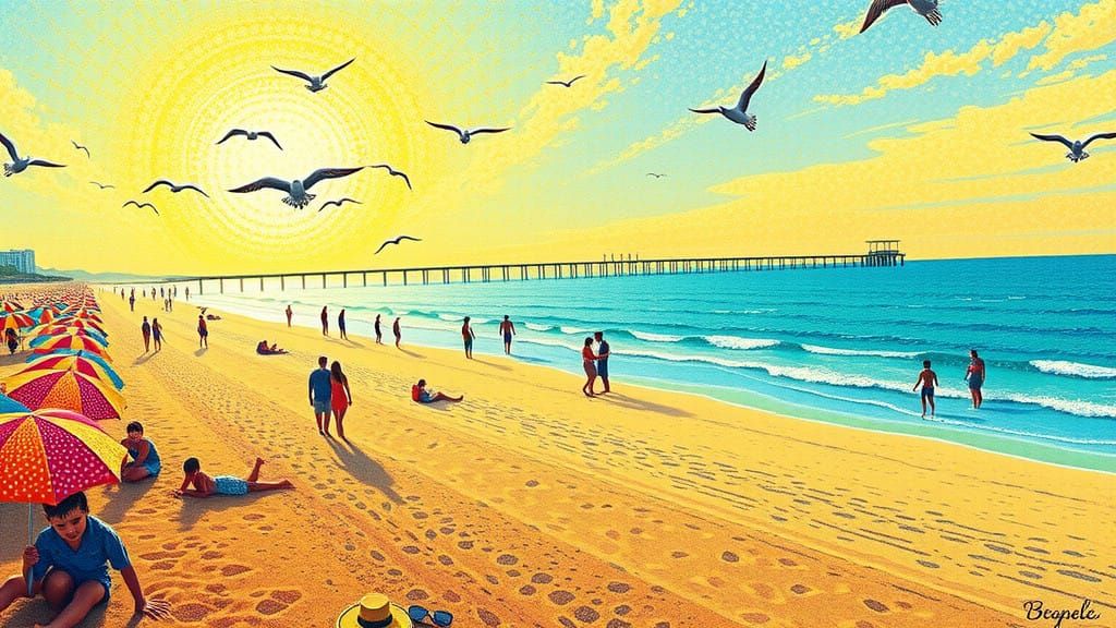 Surreal Summer Beach Scene in Pointillist Style