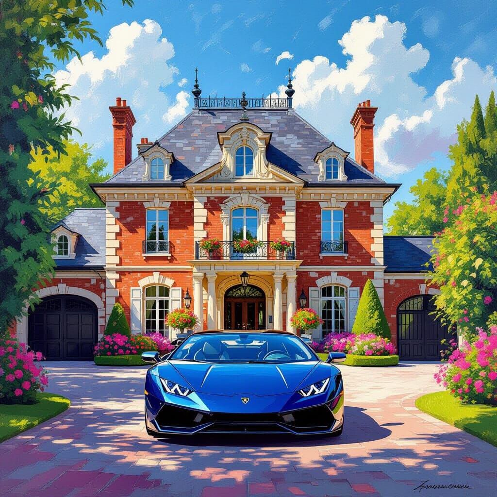 Grand Brick Chateau with Lamborghini and Vibrant Garden