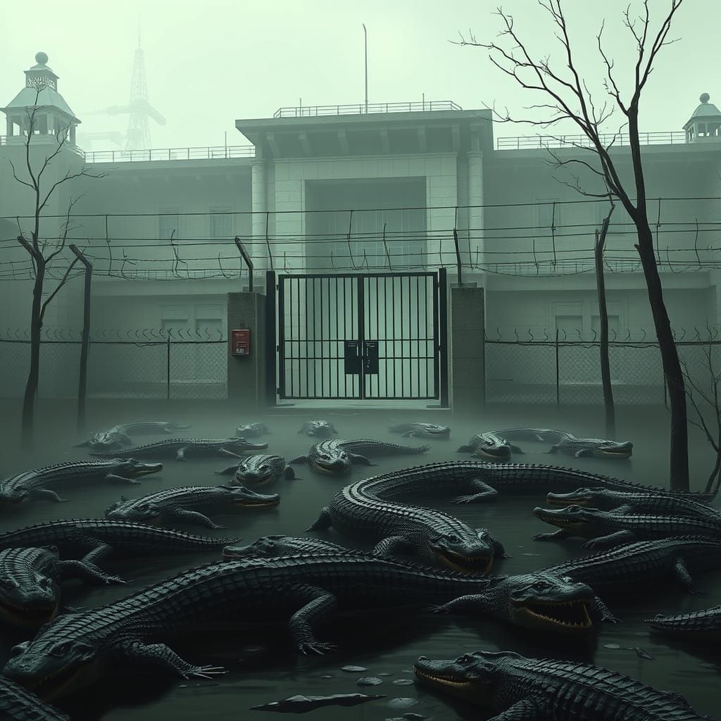 Dystopian Swamp Prison in Brutalist Style