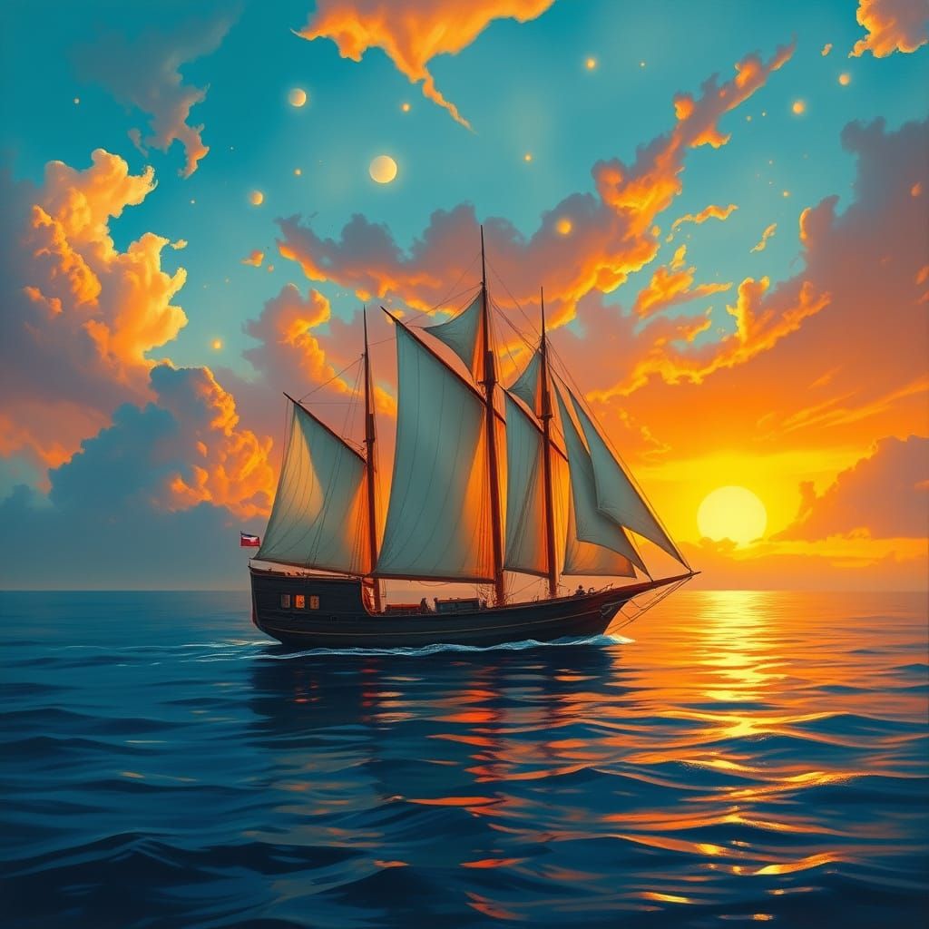 Surreal Windjammer Glides on Enchanted Waters at Sunset
