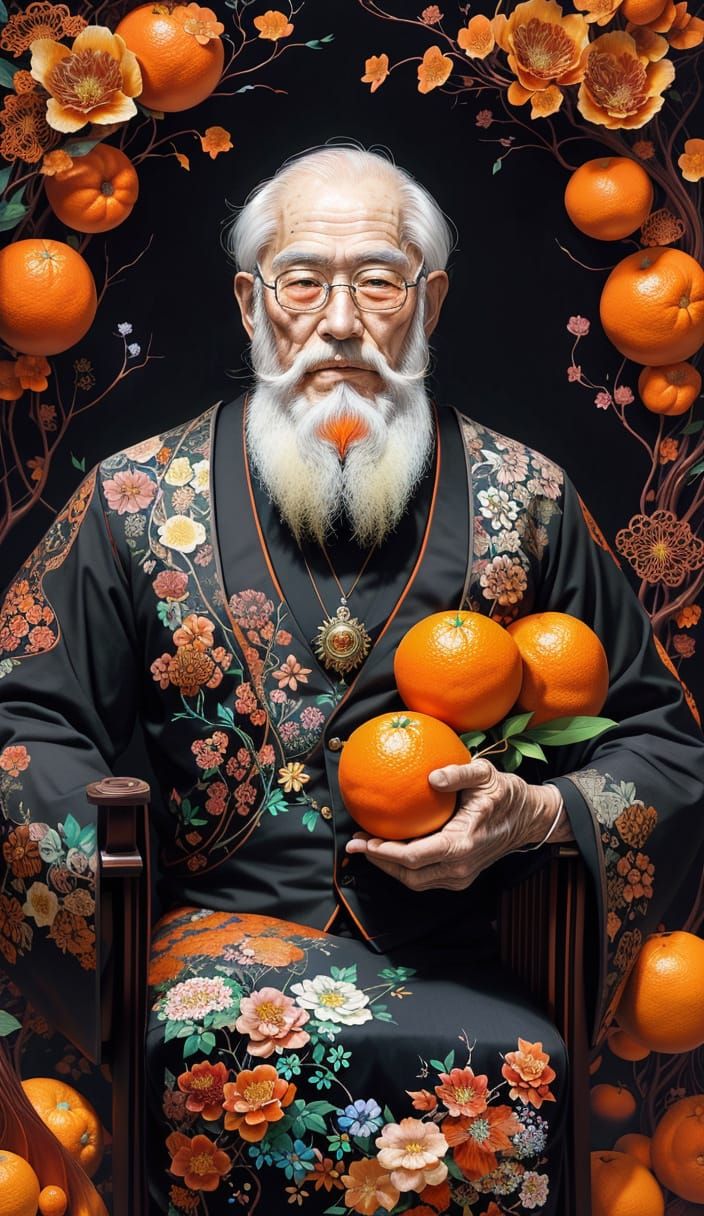 Elderly Man in Floral Chair, Detailed Surreal Art