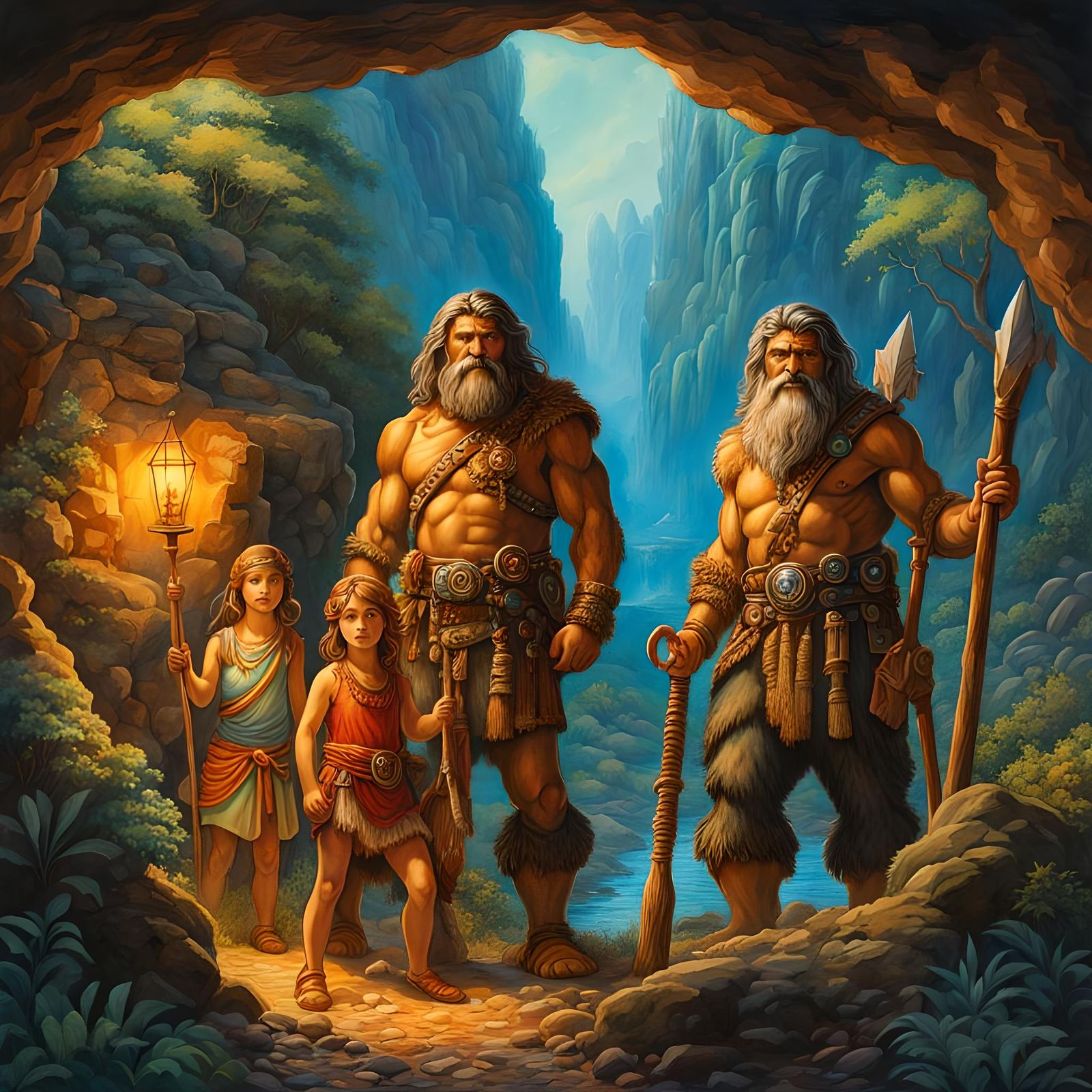 Caveman Family in Aetherpunk Watercolor Style