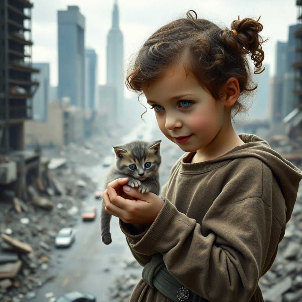 A little girl with disheveled hair hand-feeds a alone kitten