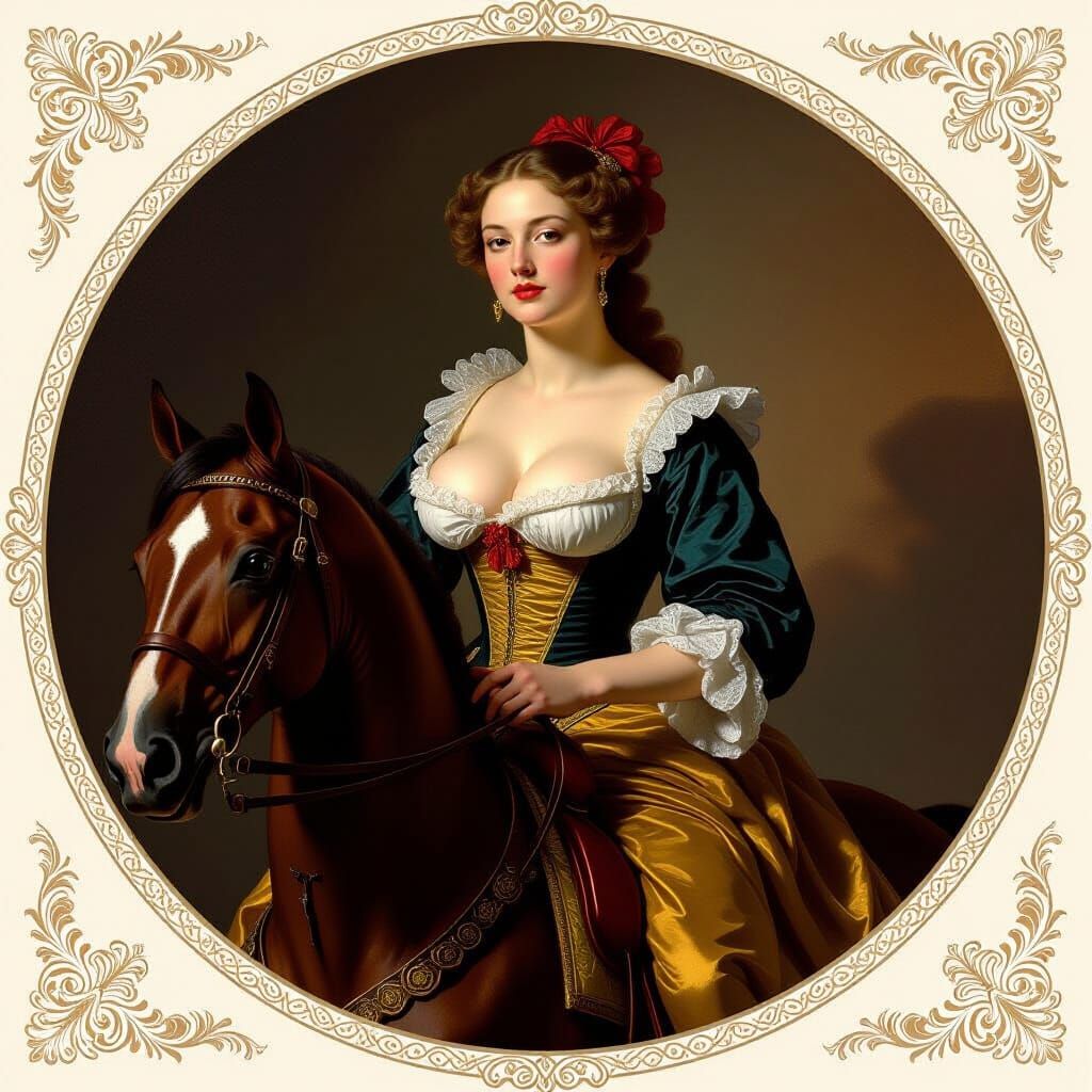 Baroque Painting of Powerful Woman Riding Horse