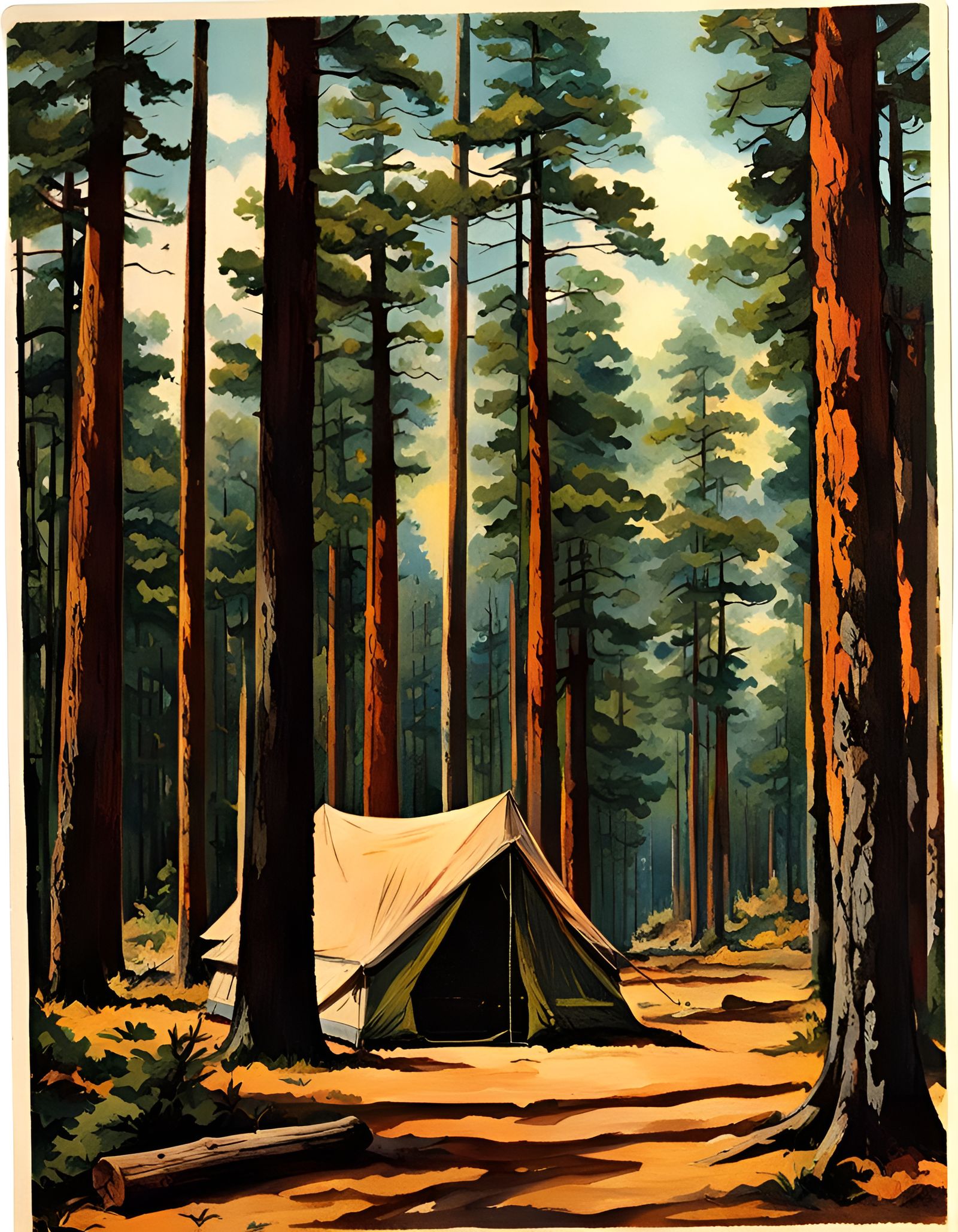 Vintage Postcard of Pine Forest Camping Spot