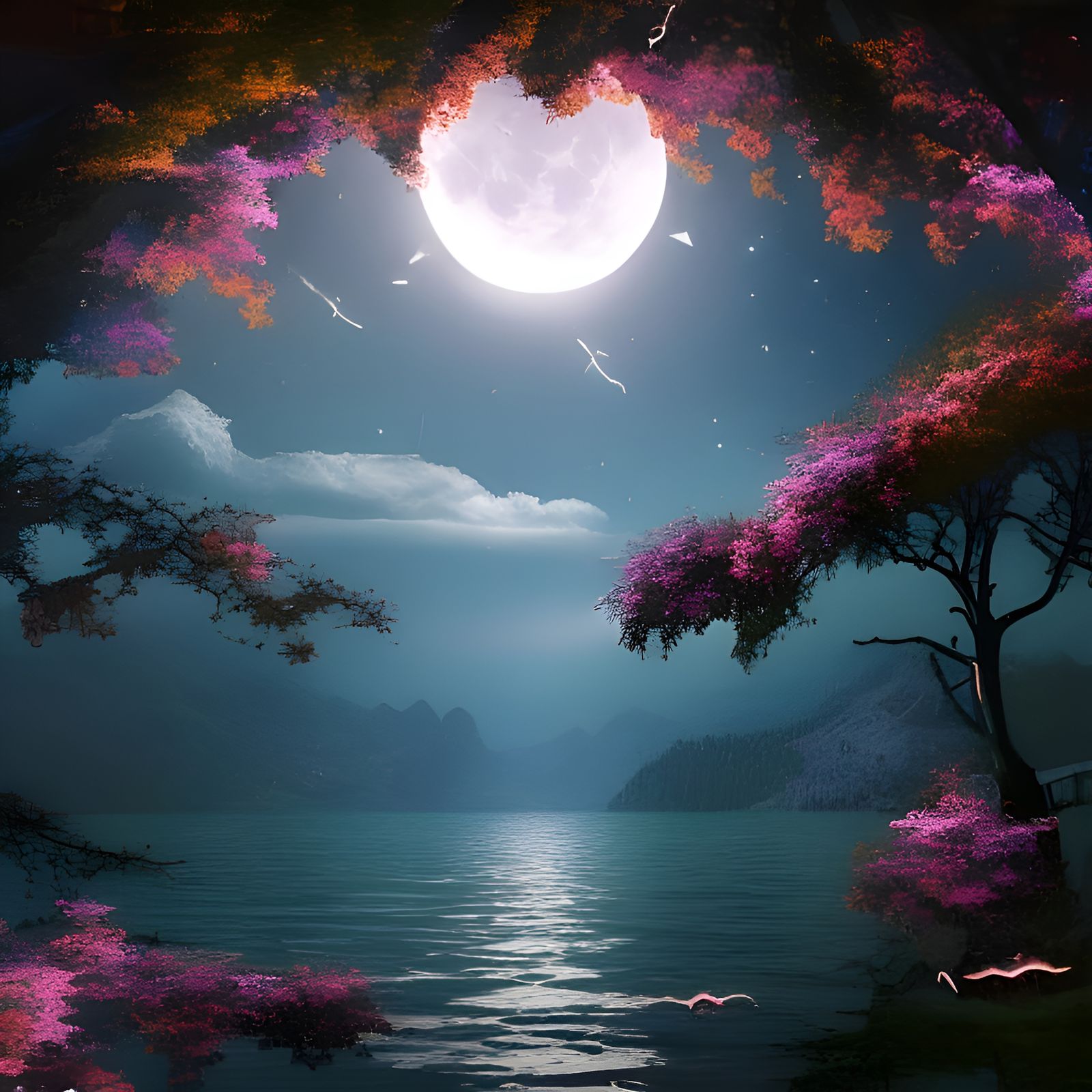 mountain fireflies flowers lake dark night bright stars full moon