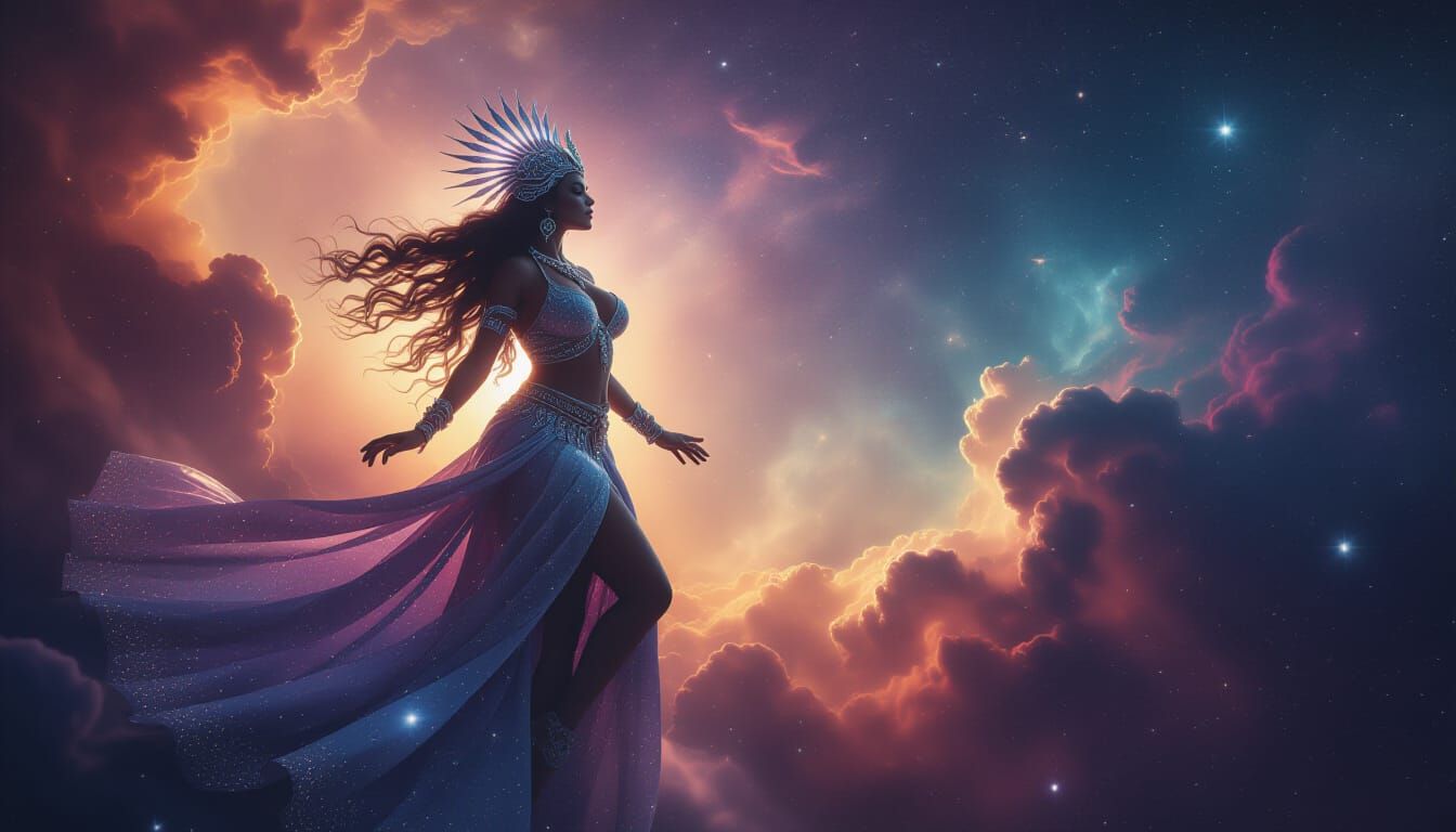 Cosmic Shamaness Dissolving into Stardust in Nebula