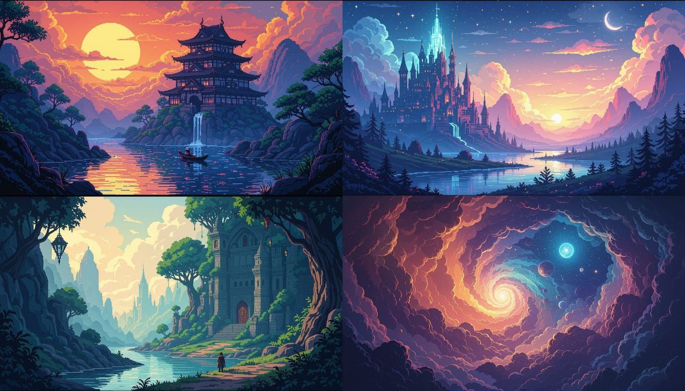 Lofi Pixel Art Splash Screen in Deep, Fantastical Colors