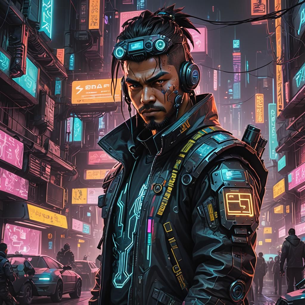 Cyberpunk Samurai and Geisha with Neon and Holograms