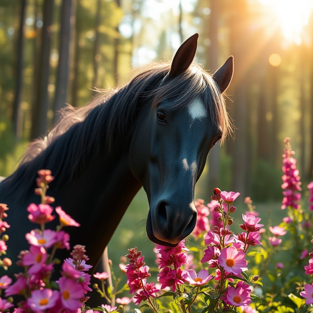 Black Horse Smelling Flowers in Sunny Forest