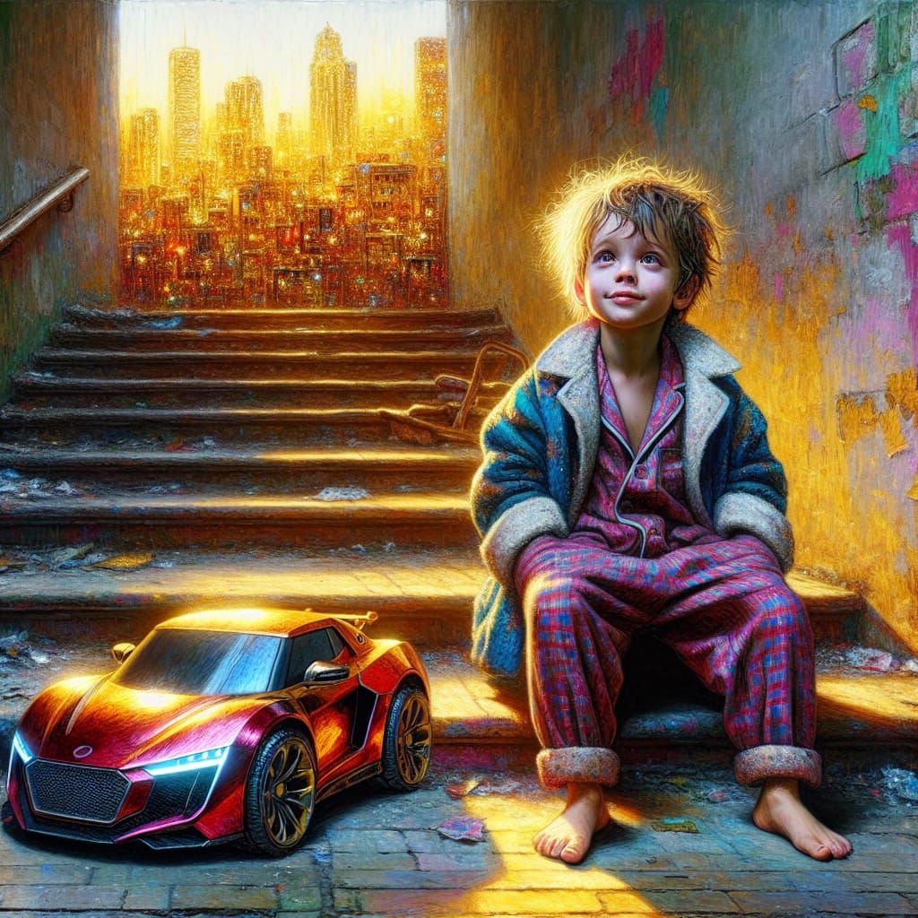 Boy with Toy Car in Golden Cityscape Impasto Painting