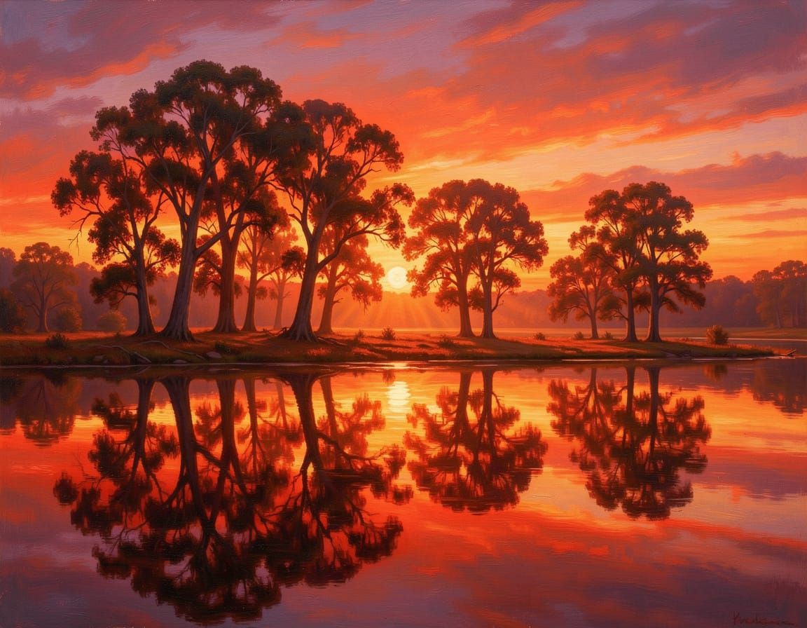 Vibrant Sunset Over Glassy Lake with Ancient Trees