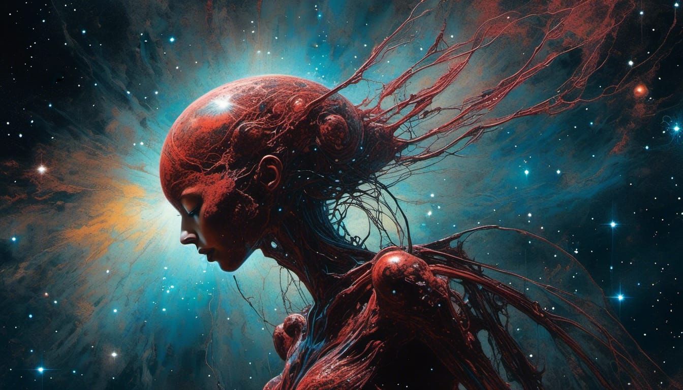 Crimson Alien Glides Through Epic Cosmos