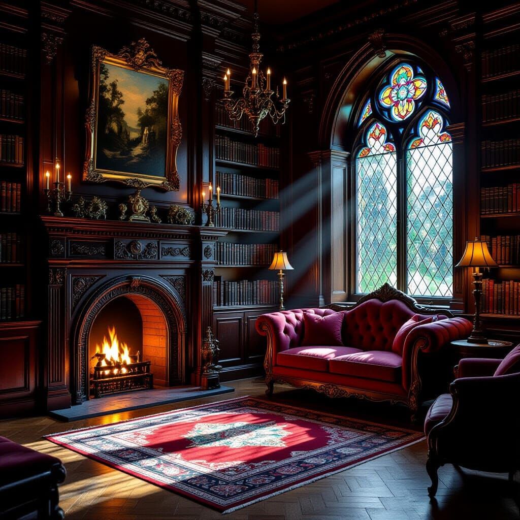 Victorian Library Alcove with Fireplace and Stained Glass