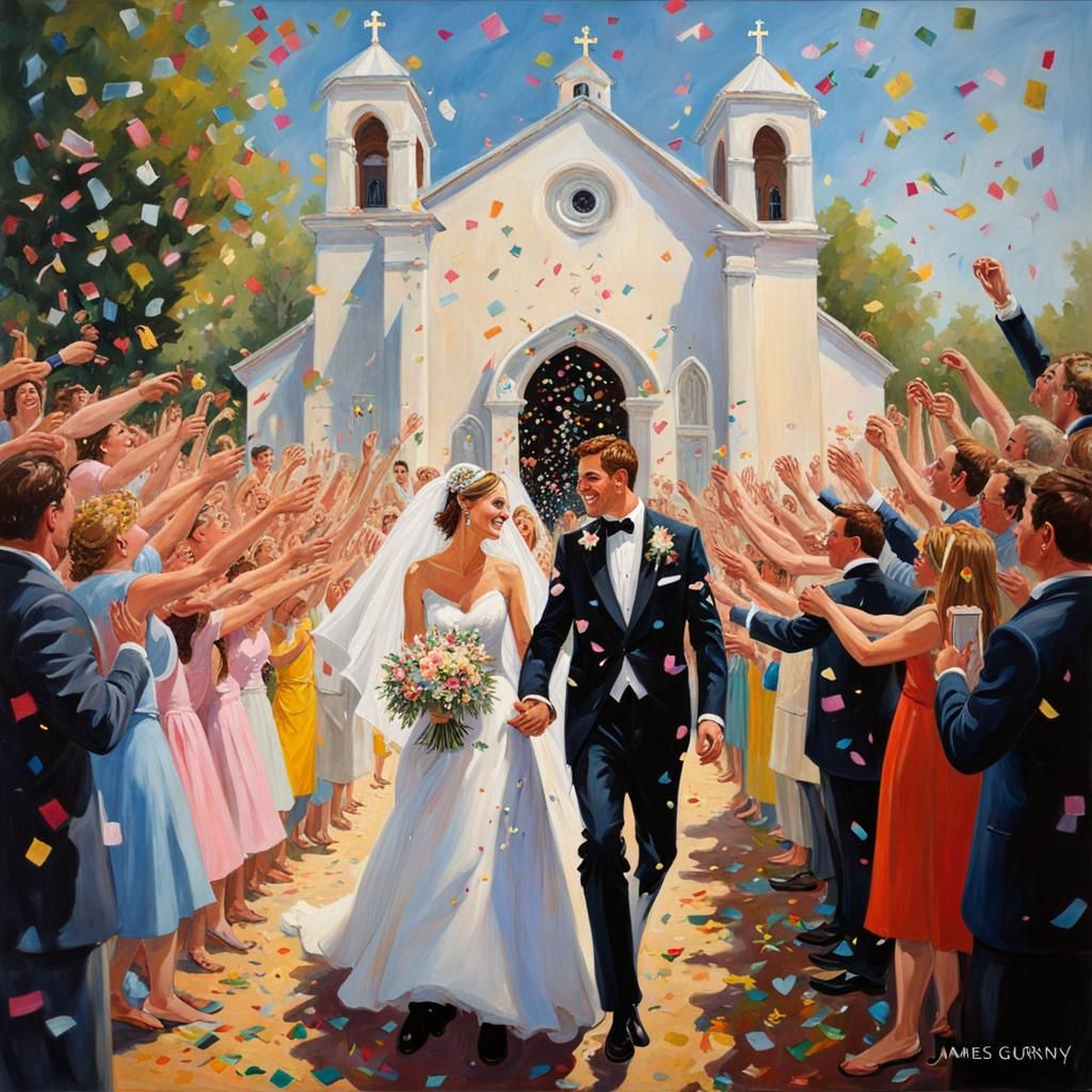 Newlyweds Leaving Church in Romantic Oil Painting