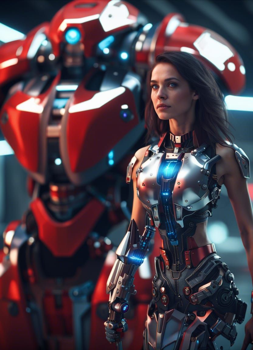 Futuristic Brunette with Robot in Cyberpunk Factory