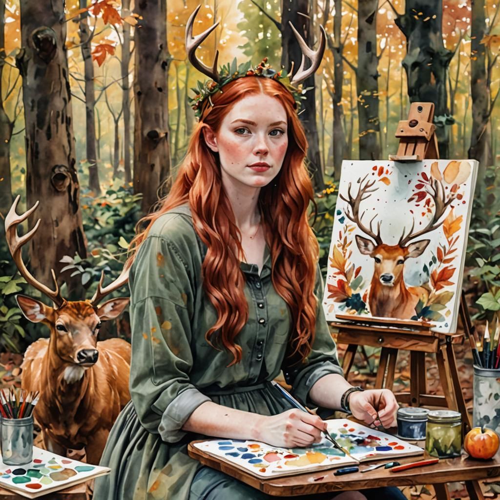 Forest Artist with Antler Crown: Watercolor Portrait