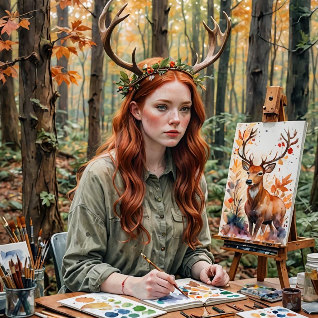 Red-Haired Woman Painting in Forest, Watercolor Portrait