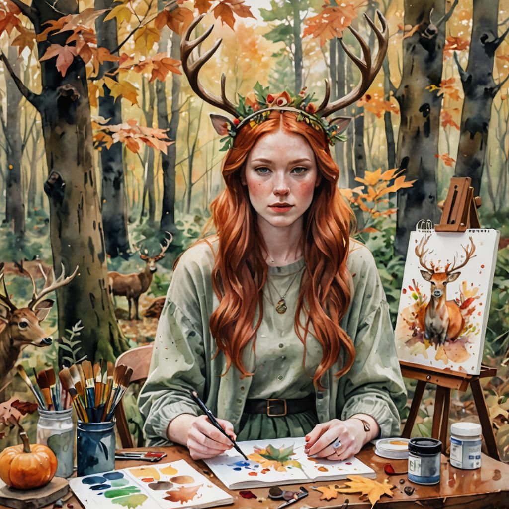 Woman with Antlers Painting in Forest, Watercolor Portrait