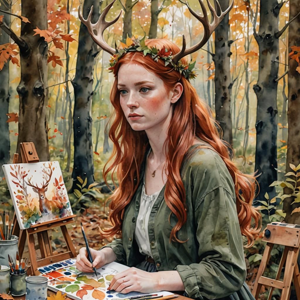 Red-Haired Woman Painting in Forest Watercolor Portrait