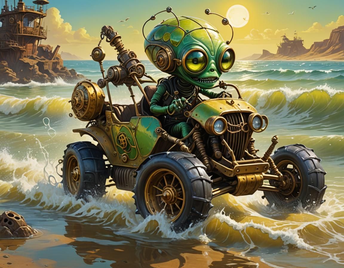 Green Alien Buggy Ride on a Yellow Sea