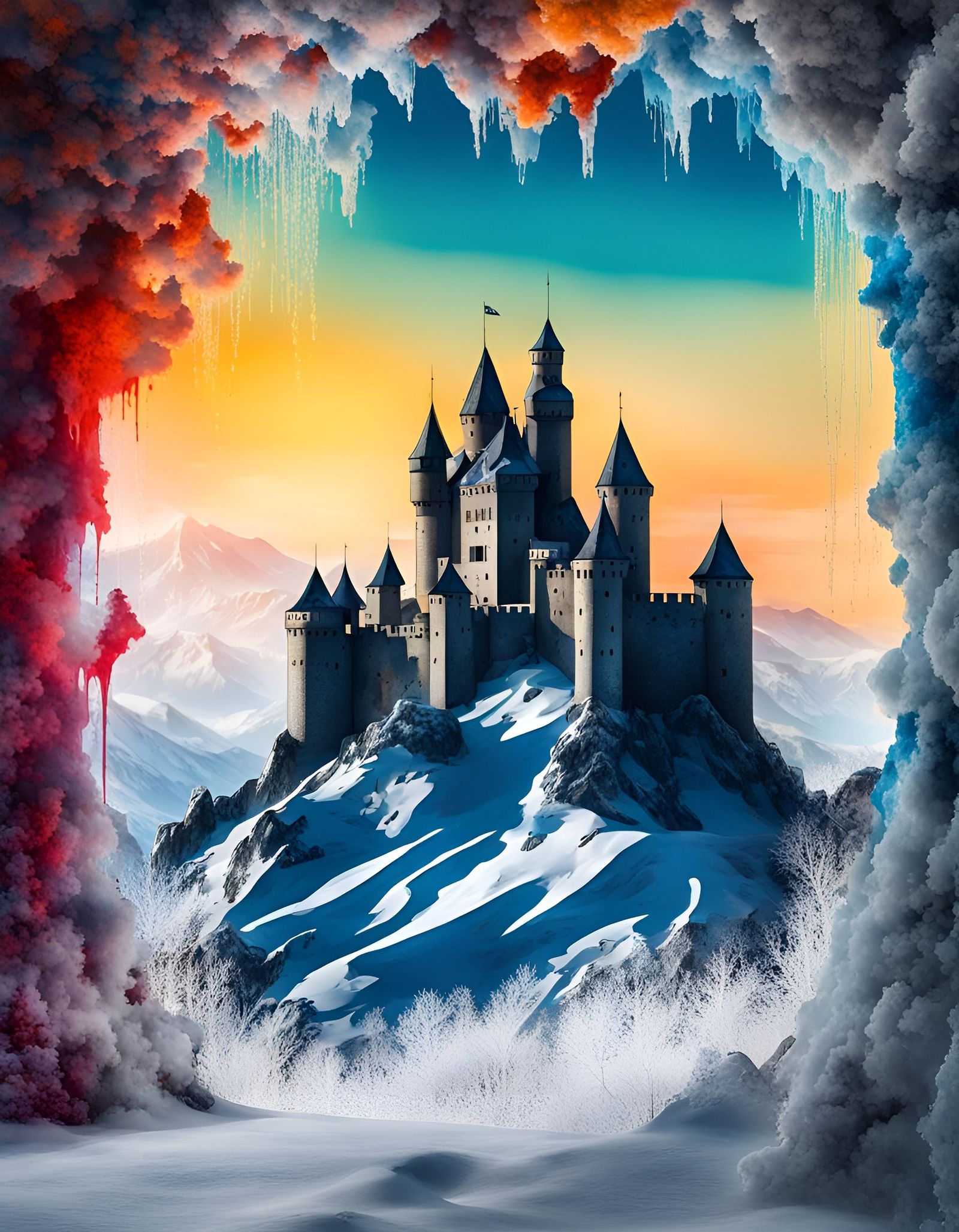 Castle Silhouette Over Winter Mountains in Graffiti Art