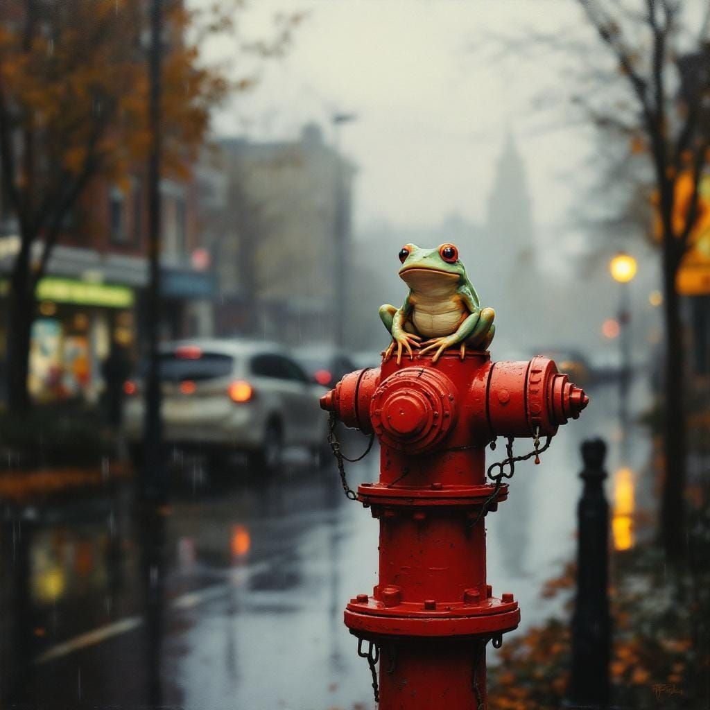 Surreal Fire Hydrant with Frog in Rainy City