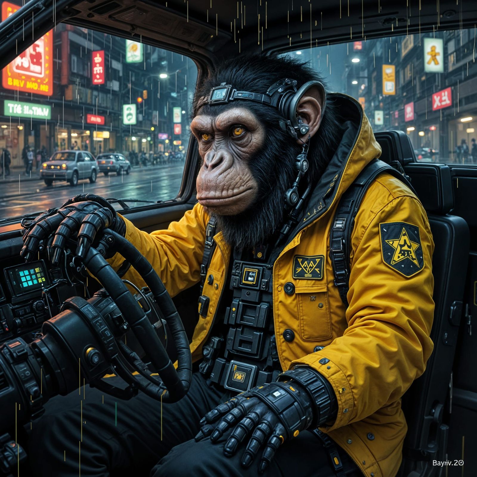 Cyberpunk Ape Taxi Driver with Neural Jack