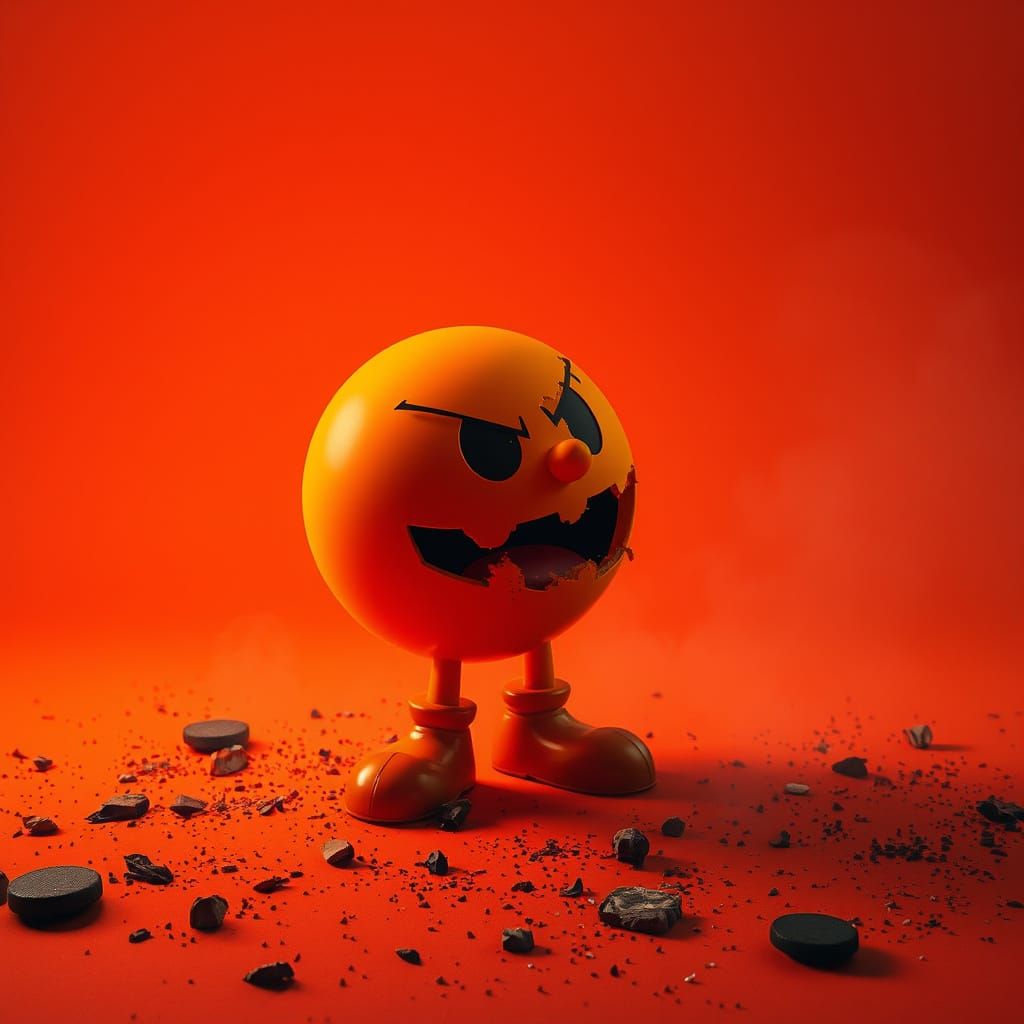 Surreal Orange Pacman in Dark, Damaged Landscape