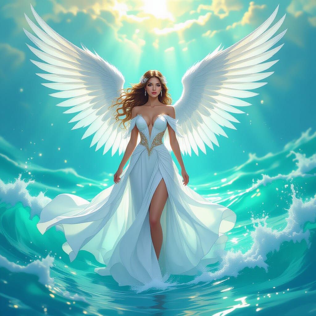 Angelic Woman with Crystal Wings in Turquoise Sea
