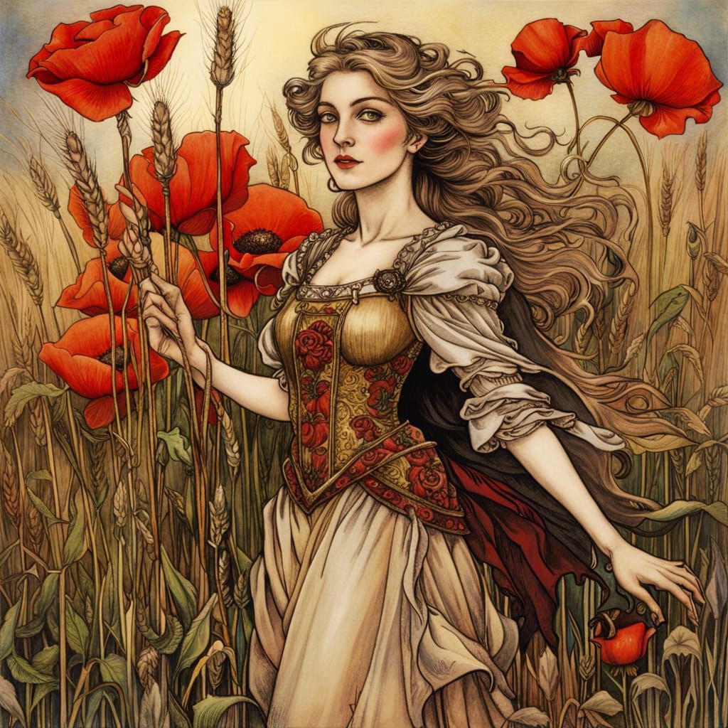 Medieval Maiden in Summer Landscape, Rackham Style