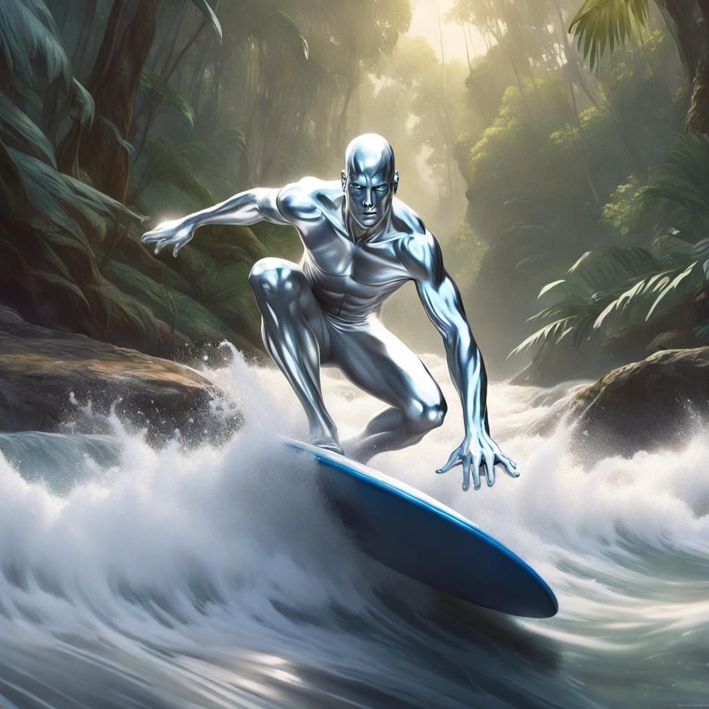 Silver Surfer Rides River, Hyperdetailed Digital Art